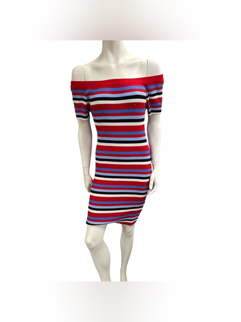 Tommy Hilfiger Off-Shoulder Striped Knit Dress - Red, Blue, Black, White Size L